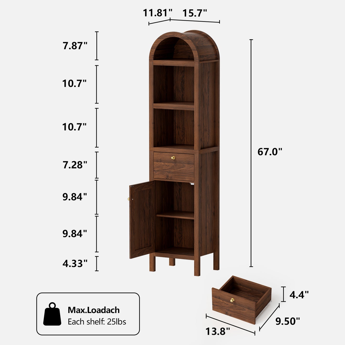 67" Arched Tall Narrow Bathroom Storage Cabinet Brown | Arched Roof / Adjustable Shelves / Smooth Guide Rails / Anti-tilt Kit / Magnetic Attachment Design / Sturdy Wooden Legs