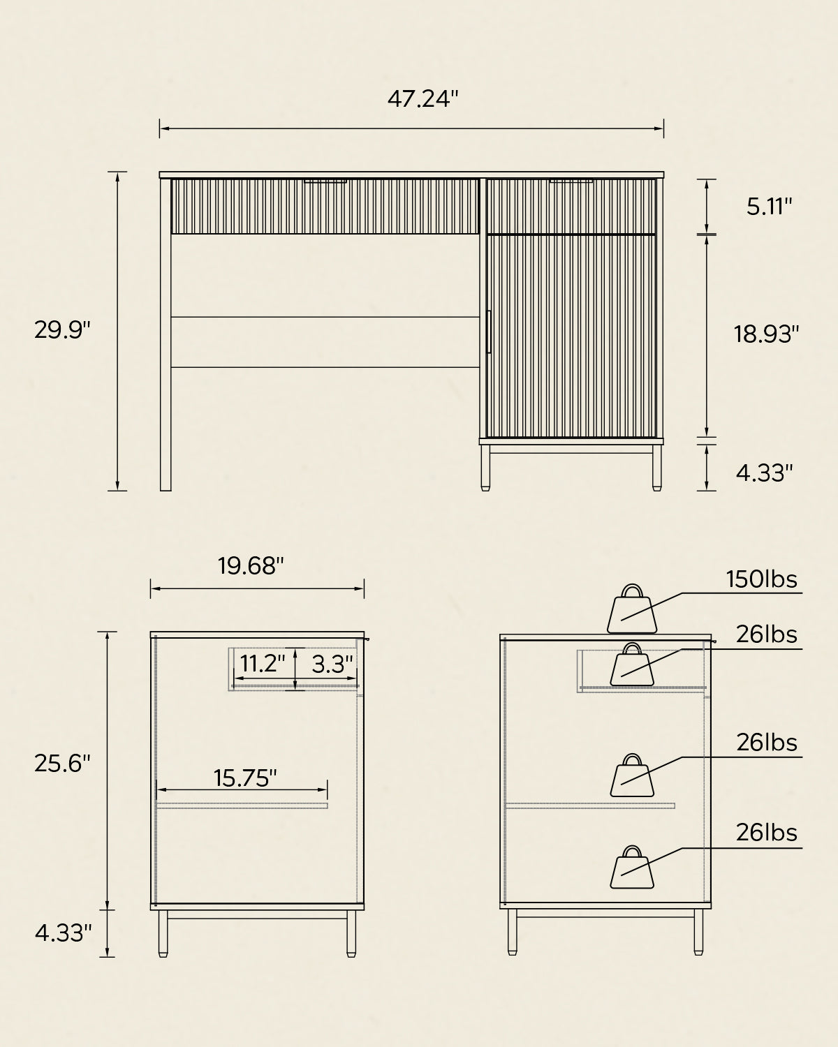 47" Office Desk with Fluted Drawers, Wooden Home Exectuive Desk with Storage Cabinet, Charging Station, Metal Legs Modern Farmhouse Computer Desk for Work, Study