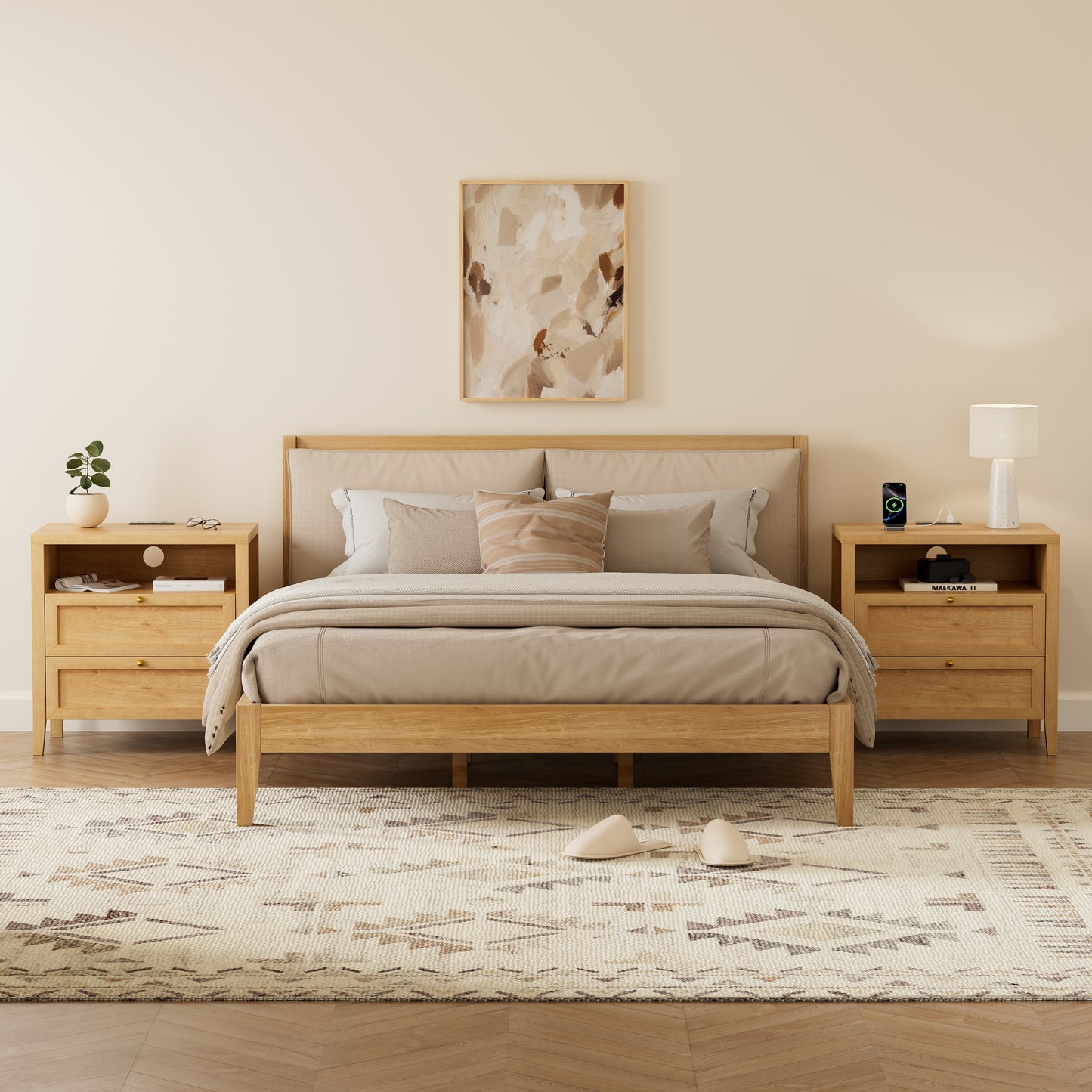 Farmhouse End Table with 2 Drawers, Wooden Nightstand with Open Storage Cable Hole Freestanding Wide Bedside Table for Bedroom Living Room Sofa