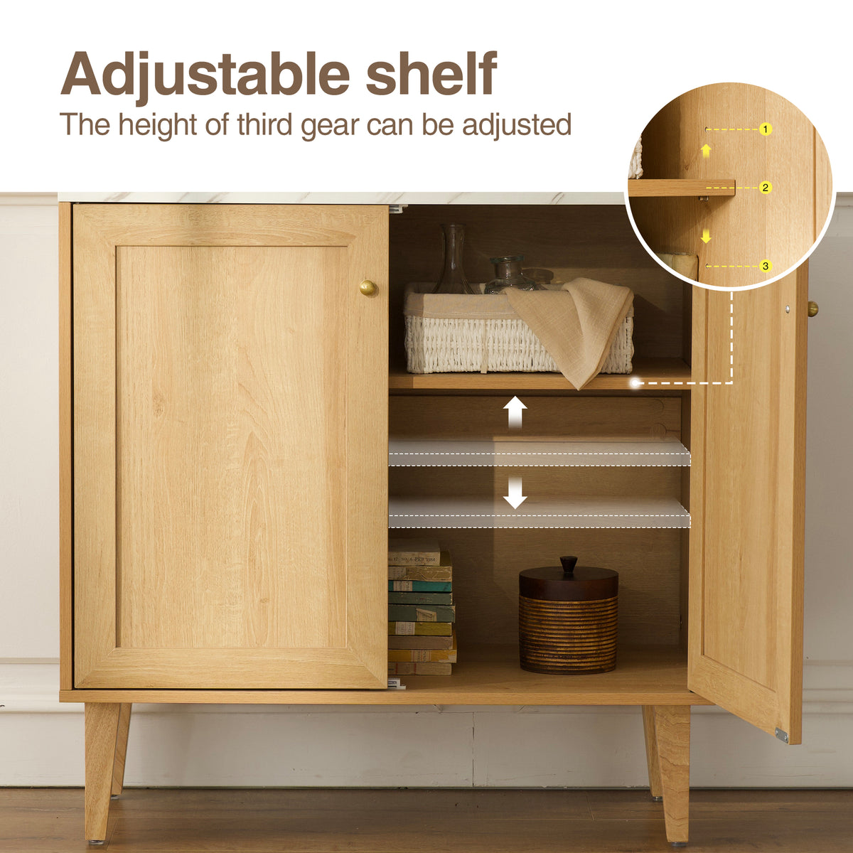 Accent Storage Cabinet Modern Freestanding Sideboard Buffet with Faux Marble Top Adjustable Shelves Wood Organizer for Living Room